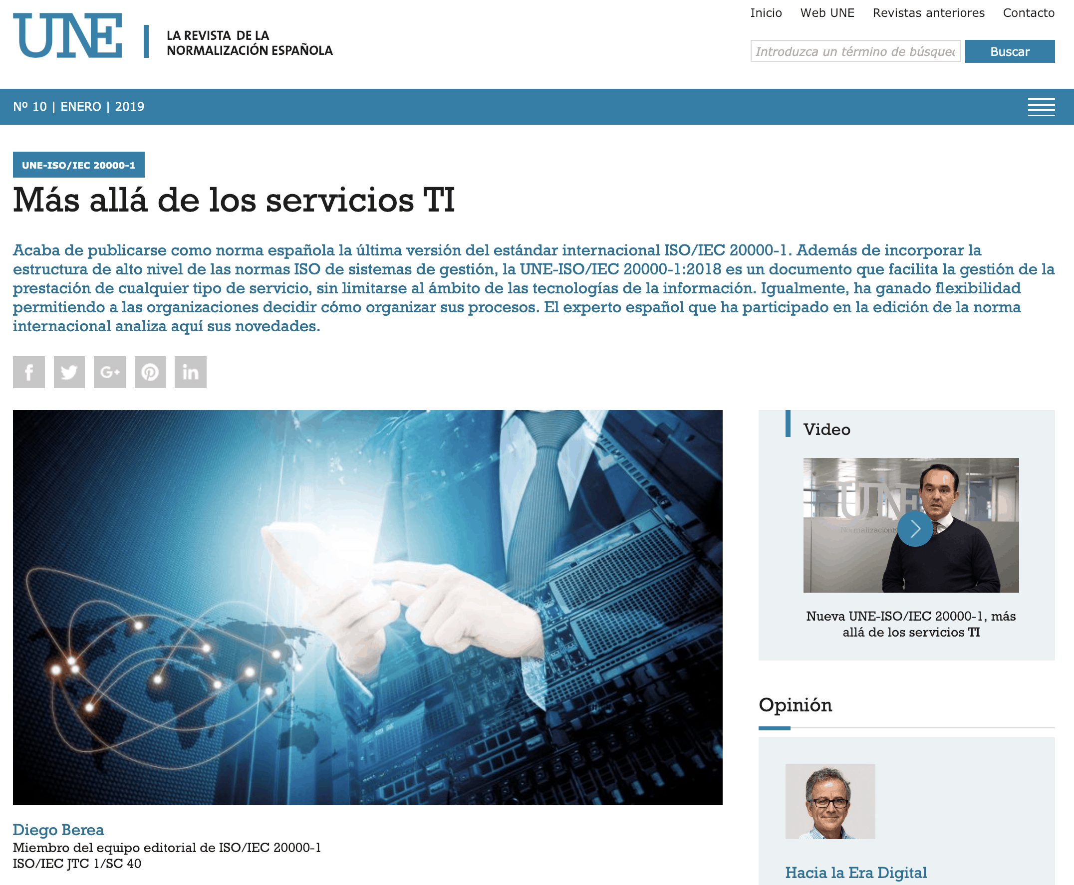 Article by Diego Berea in UNE magazine about ISO/IEC 20000-1:2018 in UNE Magazine